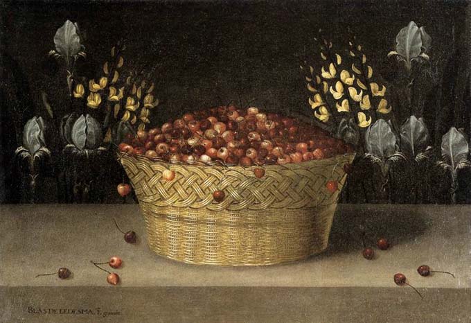 Basket of Cherries and Flowers